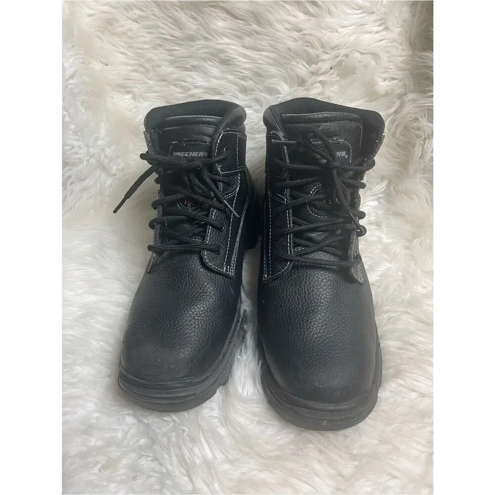 Skechers Men’s steel toe work leather Black Lace-Up Work Boots SZ 12